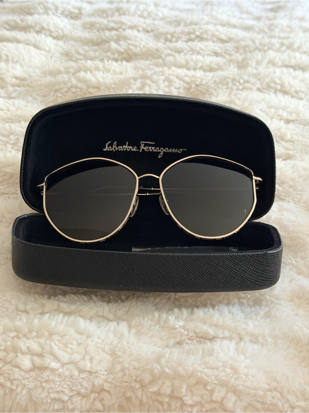 Salvatore Ferragamo Gold Frame Black Lens Sunglasses with Case